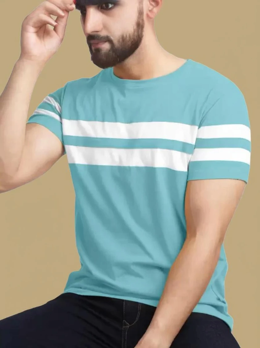 R RIDACHY Men Striped Round Neck Cotton Blend Light Green T-Shirt