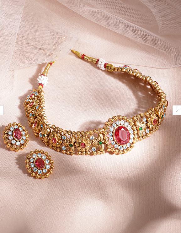 Rubans 24K Gold Plated Ruby,Emerald & White Cubic Zirconia Stone Floral Choker Jewelry Set
