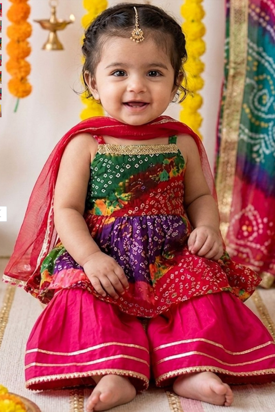 Sangria Girls Printed Pure Cotton Square Neck Kurti & Sharara With Dupatta