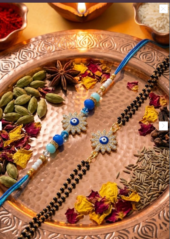 Set Of 2 Blue Evil Eye Artificial Stones Bhaiya Bhabhi Rakhi With Roli Chawal