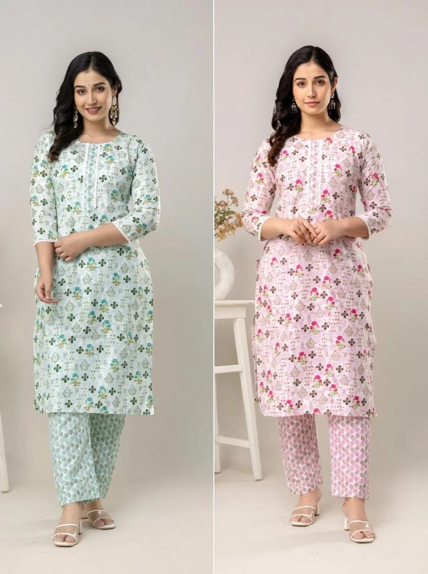 SN FASHION ATTIRE Pack of 2 Floral Print Cotton Blend A-line Kurta for Women