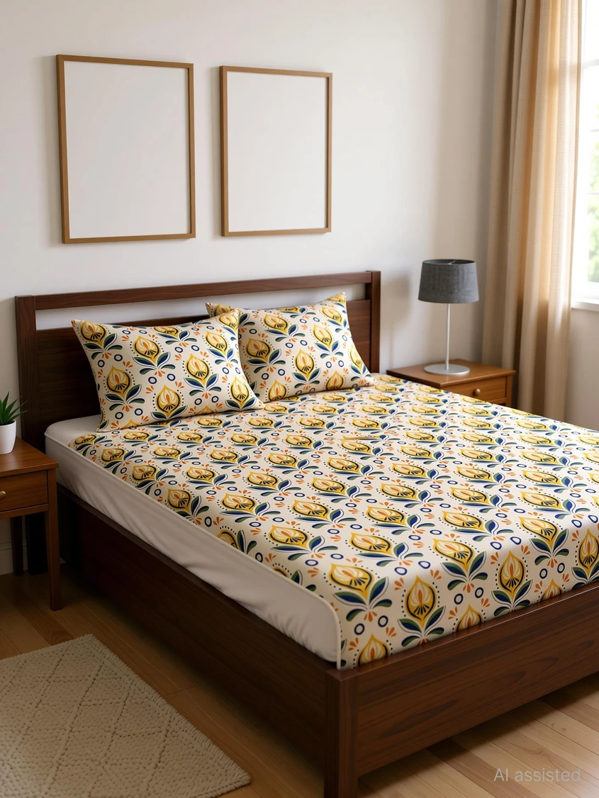 Velmora Cotton King Fitted (Elastic) 240 TC Printed 1 Bedsheet