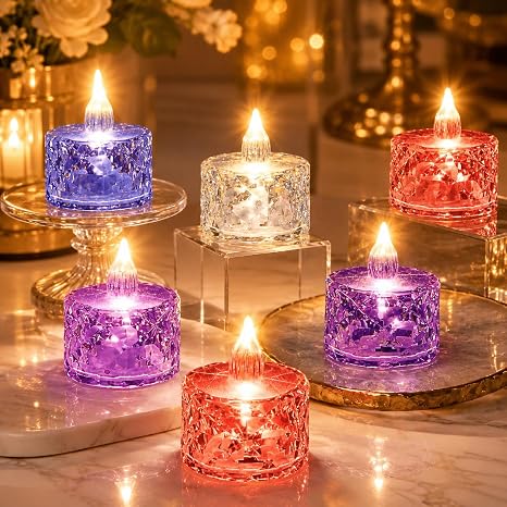 VERVENIX Crystal LED Tea Light Candles | Flameless Smokeless Decorative Crystal Candles for Diwali, Festival, Wedding, Christmas & Home Decoration (Multicolor–Pack of 6)