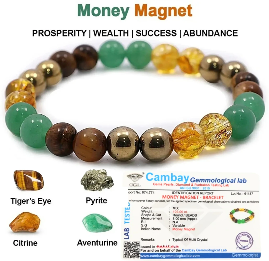 VIBESLE Money Magnet Bracelet Citrine, Pyrite,Tiger Eye, Green Aventurine, Hematite Bracelet for Wealth,Income Abundance & Prosperity