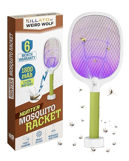 Weird Wolf 2-in-1 Mosquito Killer Racket with UV Light, Base Stand | 1800mAh Lithium Battery | Electric Mosquito Bat with Auto & Manual Mode | Type-C Charging | 6 Months Warranty (Green White)