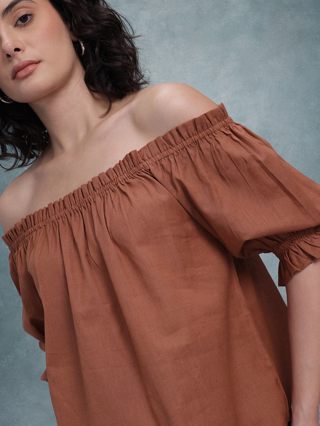 Roadster Women’s Off-Shoulder Bardot Crop Top | Puff Sleeve Pure Cotton Stylish Casual Top